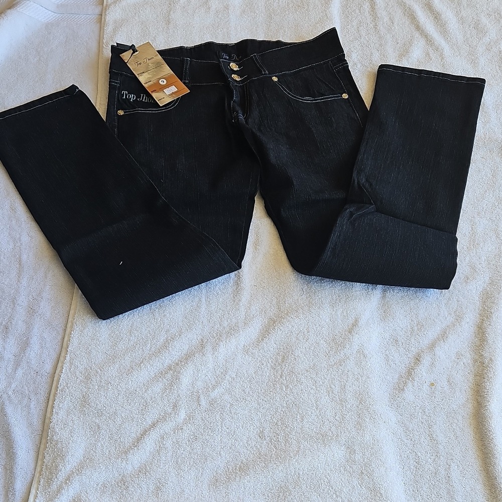 Top Jhon Women's Black Straight Jeans Stretch‎ Denim 5-Pocket Button Closure